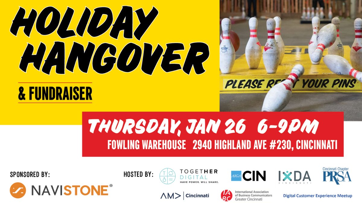Comms pros/marketers/designers: Join us for a fowling holiday party while supporting a good cause (<a href="/1N5_org/">1N5.org.stopthestigma Mental Health Warriors</a>). buff.ly/3FHsUPq. Hosted by <a href="/AMACincinnati/">AMACincinnati</a>, <a href="/aafcincinnati/">AAF Cincinnati</a>, <a href="/aigacincinnati/">AIGA Cincinnati</a>, <a href="/IxDA_Cincinnati/">IxDA Cincinnati</a>, <a href="/IABCCincinnati/">IABC | Cincinnati</a>, <a href="/CincinnatiPRSA/">Cincinnati PRSA</a> &amp; <a href="/TogetherCincy/">Together Digital Cincinnati</a>  #businesscomms
