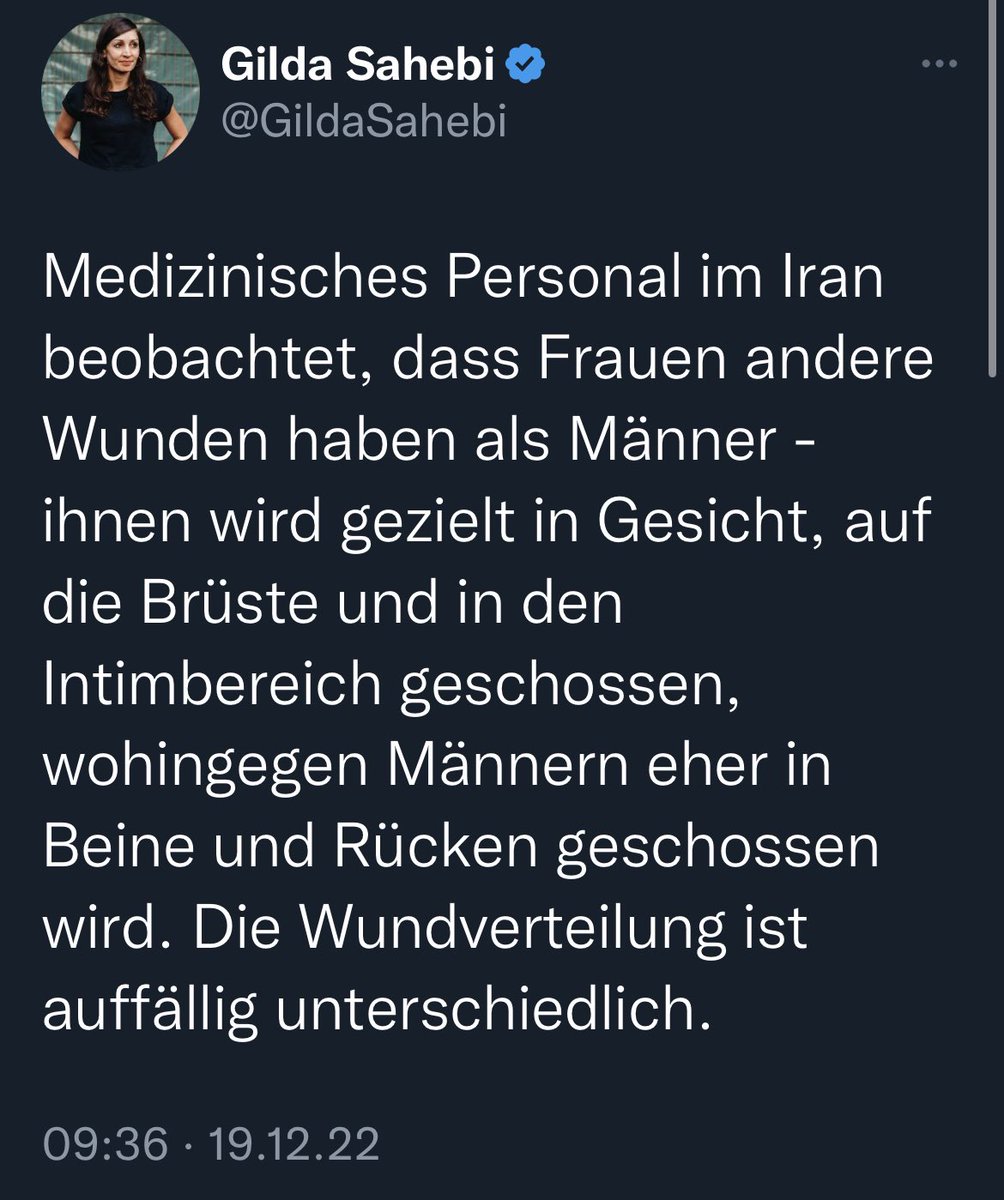 BERLIN_KATTA's tweet photo. @J_Todenhoefer Mal konstruktiv nachgefragt, warum d. #Revolutionsgarde u.a. Frauen gezielt auf Brüste u Intimbereich schießt, sie vergewaltigt, foltert …  im Namen Gottes natürlich? MIR IST ÜBEL! #MahsaAmini #ZanZendegiAzadi #FreeIran https://t.co/K8MQs21ohw