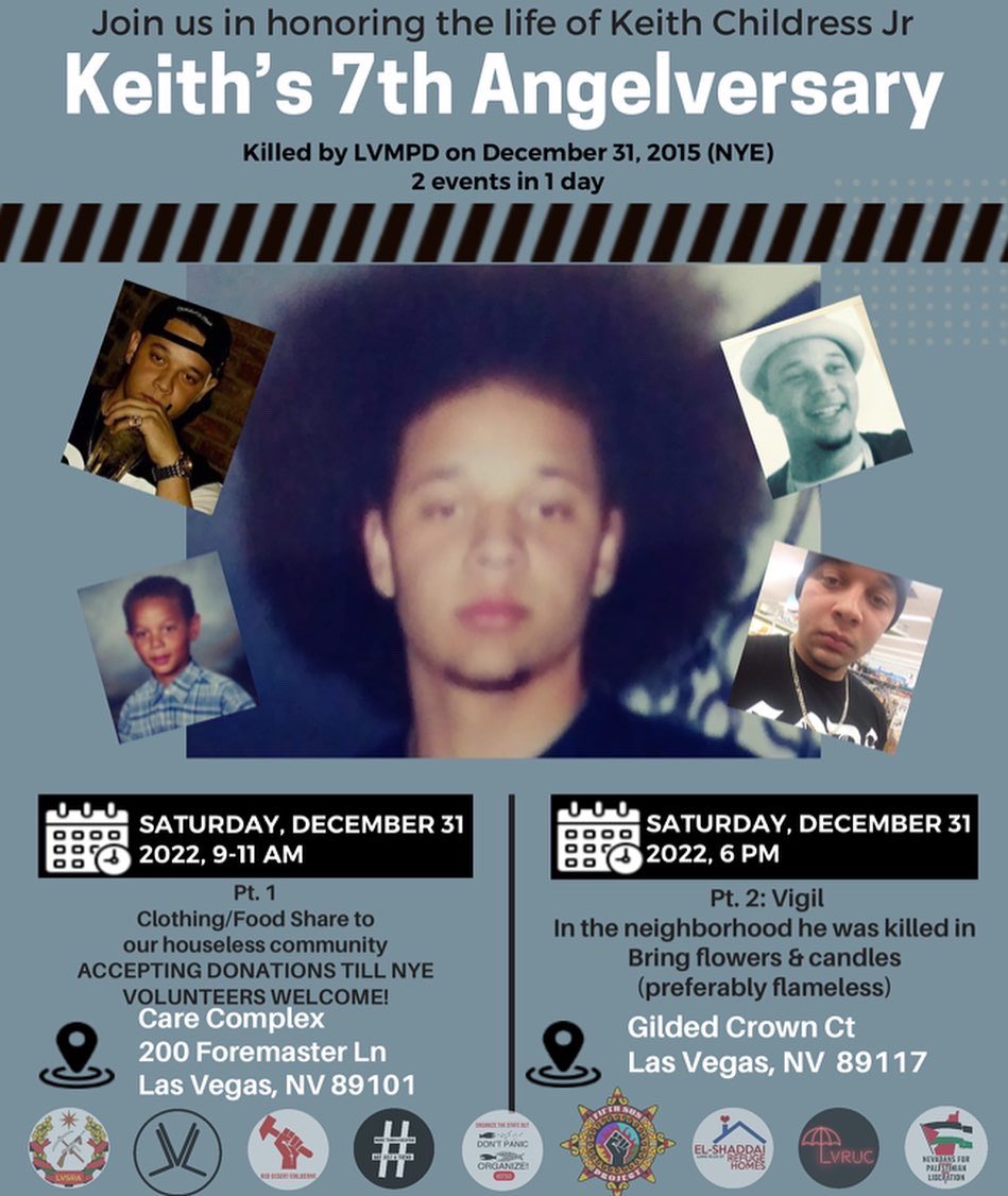 On NYE, we will be honoring Keith Childress Jr by doing some mutual aid with our houseless community in the morning 9-11 am @ care complex. We also will be holding a vigil at his place of murder around 6pm 🙏🏽 Please come join us