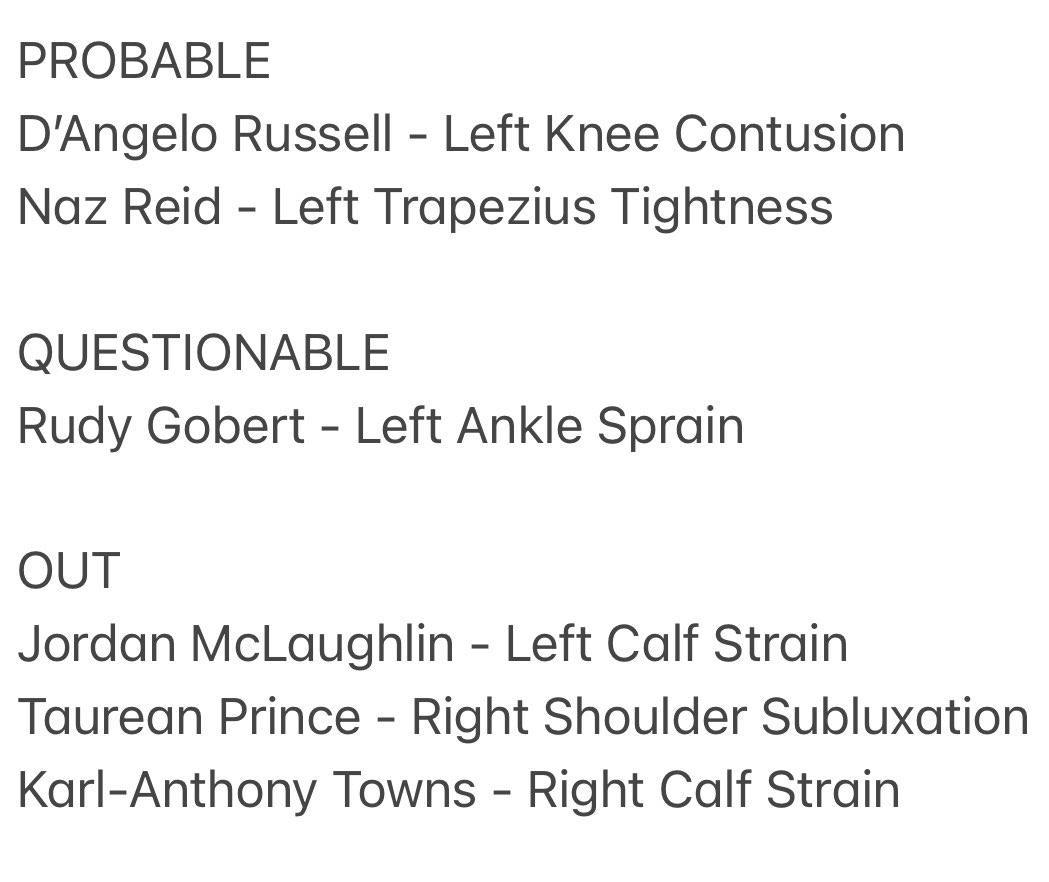 Minnesota Timberwolves on X: Tonight's @MayoClinic Status Report: Rudy  Gobert (Left Ankle Sprain), Jordan McLaughlin (Left Calf Strain), Taurean  Prince (Right Shoulder Subluxation), D'Angelo Russell (Left Knee  Contusion), and Karl-Anthony Towns (Right