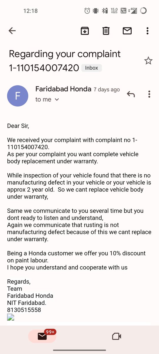 dk_giri_30's tweet photo. This is the resolution Honda is giving for their defective product. No proper response after so many complaints and still just want to sell their things instead of accepting their fault and replacing it. Worst service from Honda getting @honda2wheelerin @BigWingIndia @PMOIndia https://t.co/uN3GacyG9h
