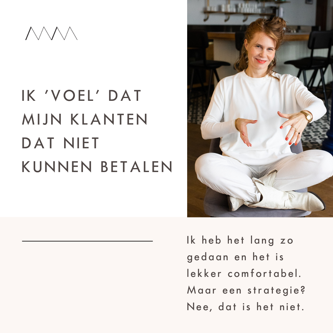 "Ik voel dat mijn klanten dat niet kunnen betalen"
Ik heb het lang zo gedaan. Een strategie op basis van 'gevoel'.
Lekker comfortabel is dat. Wil je ook meer strategie in je business brengen? Kom 2 februari >> minimalistmarketing.nl