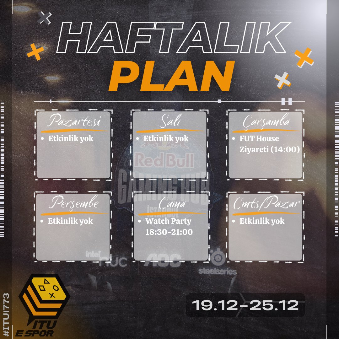 ituespor's tweet photo. 📆 19.12-25.12 2022 Etkinlik Takvimi

Takvimde belirtilen etkinlik ve saatlerde değişiklik olabilir. Gün içerisindeki duyurularımızı takip etmeyi unutmayın!

#itu #itu1773 #İTÜ250Yaşında #university #esports #esportsnews #esportsedu #college #collegiateesports https://t.co/deLSXDYsZB