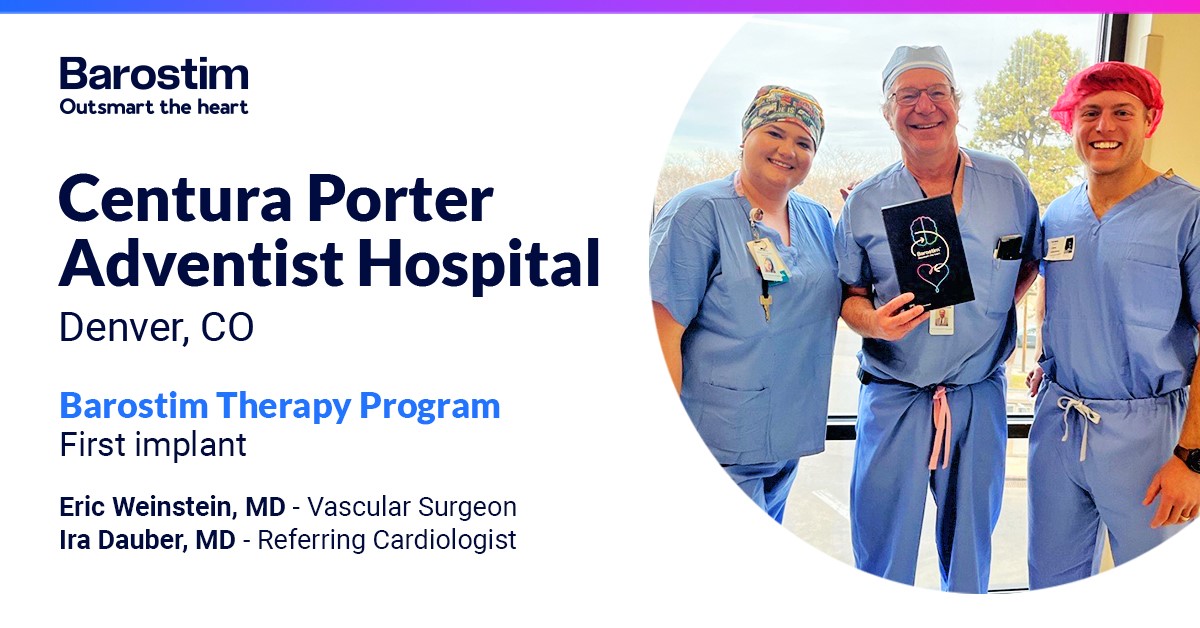 CVRx_Barostim's tweet photo. Patients in CO now have access to a novel therapy option to improve their #heartfailure symptoms. We’re proud to partner w/Drs. Eric Weinstein &amp; Ira Dauber &amp; the teams @CenturaHealth Porter Adventist Hospital &amp; @sdenvercardio on the 1st #Barostim implant in CO. #OutsmartTheHeart https://t.co/uo3oYLAZth