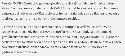 rsecame's tweet photo. ¡Los medios se hacen eco de los avances de #CAMESUSTENTABLE 👏!
Recientemente, Santista Argentina 🇦🇷, productora de tejidos líder en América Latina, alcanzó el nivel más alto de nuestro sello de Triple Impacto.
📢 Conocé más: https://t.co/90U5FYUYUy https://t.co/AqXQPMelSc