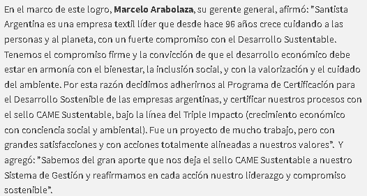 rsecame's tweet photo. ¡Los medios se hacen eco de los avances de #CAMESUSTENTABLE 👏!
Recientemente, Santista Argentina 🇦🇷, productora de tejidos líder en América Latina, alcanzó el nivel más alto de nuestro sello de Triple Impacto.
📢 Conocé más: https://t.co/90U5FYUYUy https://t.co/AqXQPMelSc