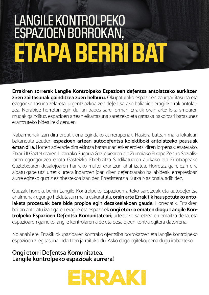 Errakibabes's tweet photo. ◾️Errakitik langile kontrolpeko espazioen defentsan jardun dugu azken urteotan. Lortutako garapen mailak, ordea, bide propioak egiteko baldintza nahikoak ematen dizkio espazioen autodefentsari. Hori dela eta, ongi etorria ematen diogu langile kontrolpeko espazioen @defentsakom https://t.co/niovmbTPDA