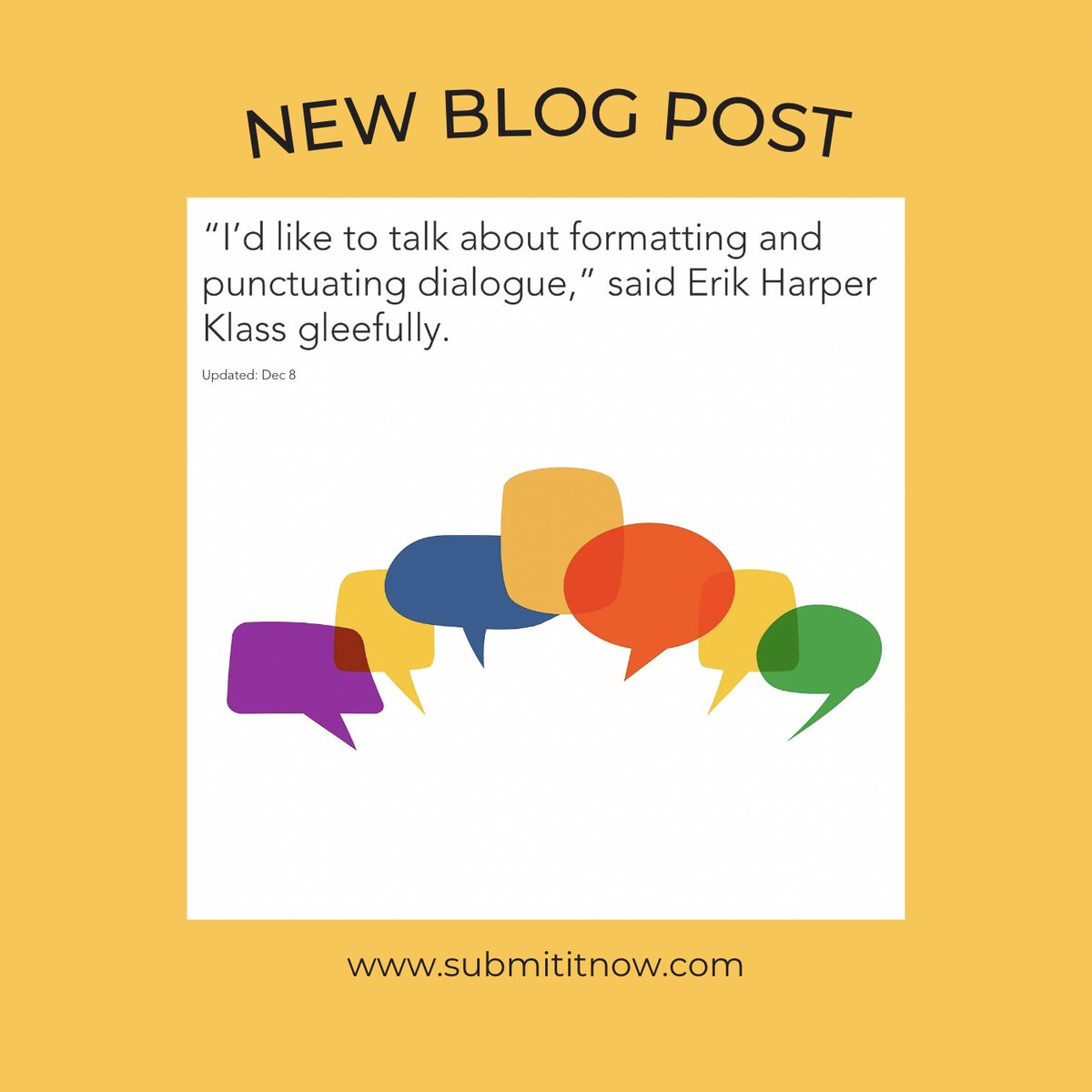 Submitit_Now's tweet image. Erik spends an exorbitant amount of time correcting punctuation in dialogue. So, for reasons of both magnanimity and, yes, pure selfishness (to hopefully reduce his editing time!), he gets deep into this topic in his latest post. submititnow.com/post/i-d-like-…
#WritingCommunity