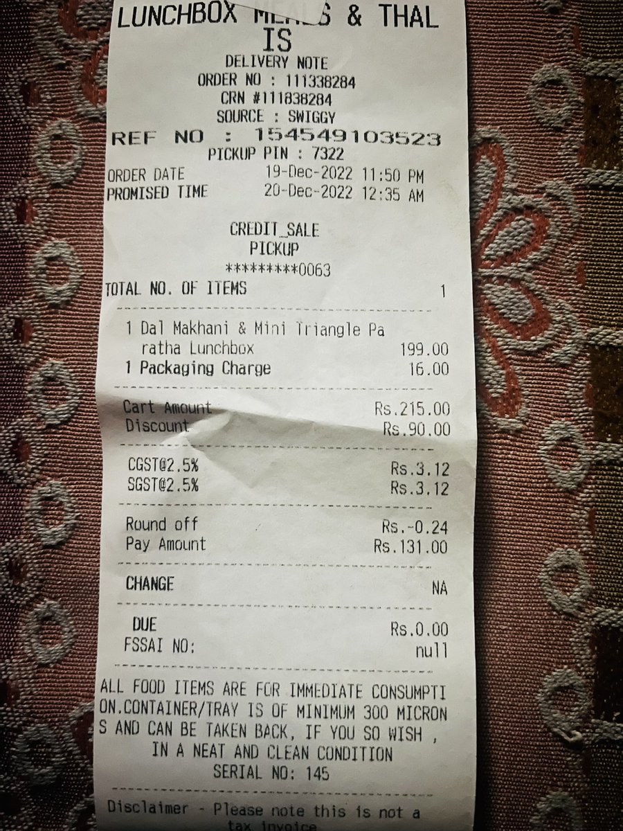 MdTajwer's tweet photo. What is this swiggy, Last night i ordered food from swiggy my order total was showing on swiggy that i paid is Rs.146 but instead of getting a bill of Rs 146 I received a bill of Rs 131 what is this swiggy Not fair swiggy @Swiggy @SwiggyCares @legalformsng https://t.co/ZUzsRbX1Fi