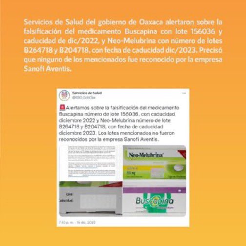 infodemiaMex's tweet photo. 🚨#Ciudado 

Servicios de Salud del gobierno de Oaxaca alertaron sobre la falsificación del medicamento #Buscapina con lote 156036 y caducidad de diciembre 2022 y Neo-Melubrina con número de lotes B264718 y B204718, con fecha de caducidad diciembre 2023

👉https://t.co/W7QmuCu02Z https://t.co/A84OtcFlOE