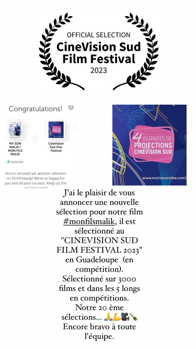 THITIAMARQUEZ's tweet photo. J’ai le plaisir de vous annoncer une nouvelle sélection pour notre film #monfilsmalik, il est sélectionné au  "CINEVISION SUD FILM FESTIVAL 2023" en Guadeloupe
Sélectionné sur 3000 films et il est dans les 5 longs en compétitions. 
Notre 20 ème sélections.🙏💪🎥#cinema #festival https://t.co/OrtsWD2F7j