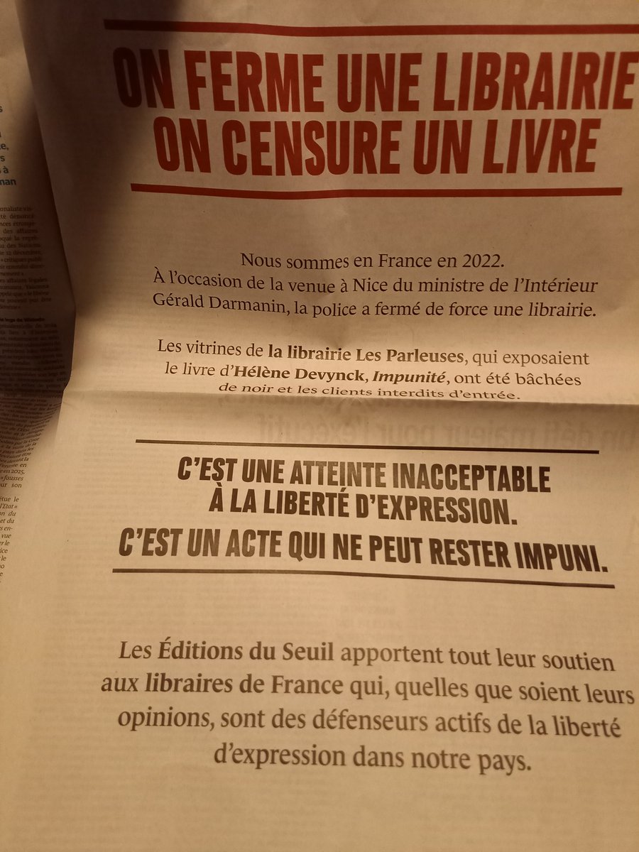 Bravo aux <a href="/EditionsduSeuil/">Éditions du Seuil</a> pour cette page que je vois pour ma part dans <a href="/lemondefr/">Le Monde</a> ce soir. On ne doit pas laisser passer. #NoCensure #LibertéDExpression <a href="/DevynckH/">Devynck Hélène</a>