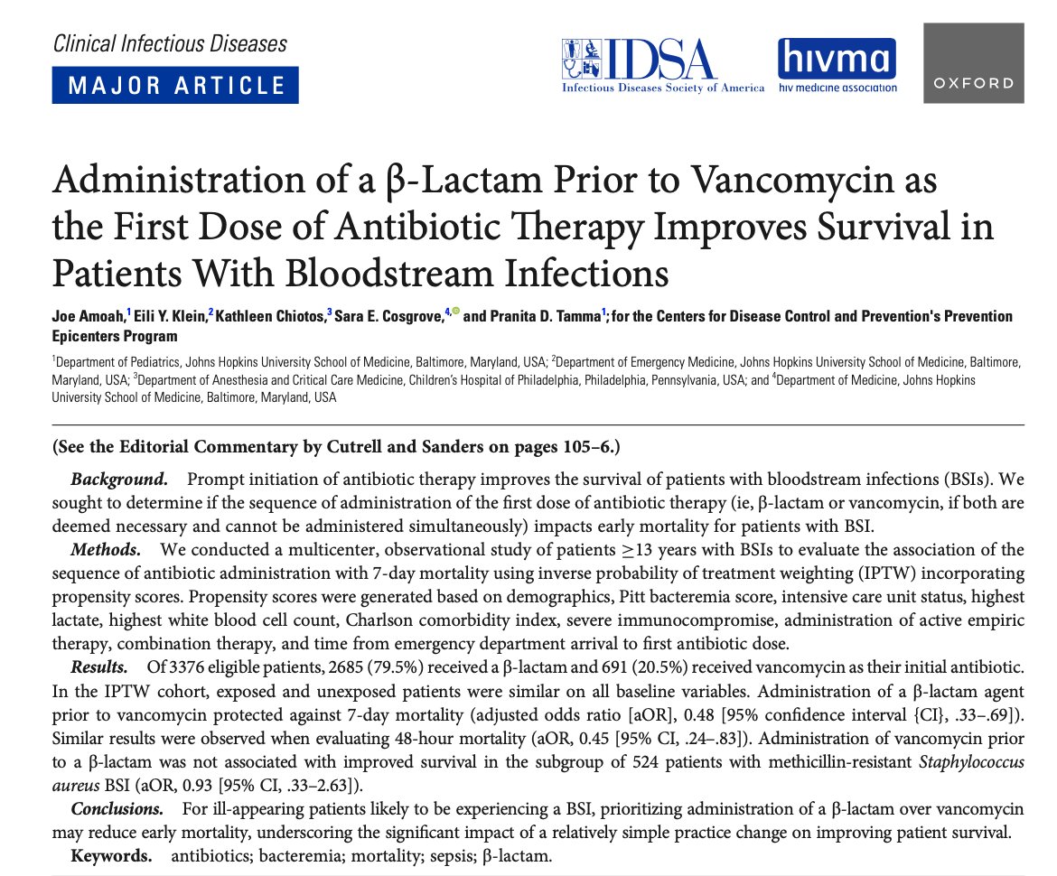 【Monday Journal Club】
Today our 1st-year fellow, Dr. Strong presented the Administration of a β-Lactam Prior to Vancomycin as the First Dose of Antibiotic Therapy in CID 8/2022!

Great presentation, Nora!

pubmed.ncbi.nlm.nih.gov/34606585/