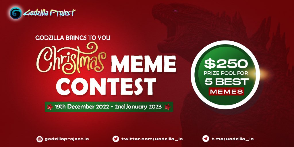 Hurrah #GODZillians! 🥳

🎊 Godzilla brings you an exciting meme contest for this #Christmas! 👏🎄

👻 Create fun &amp; engaging #MEME with the Godzilla.🦖

☄️ 5 best memes will be picked &amp; rewarded with $250 worth $GODZ.💰