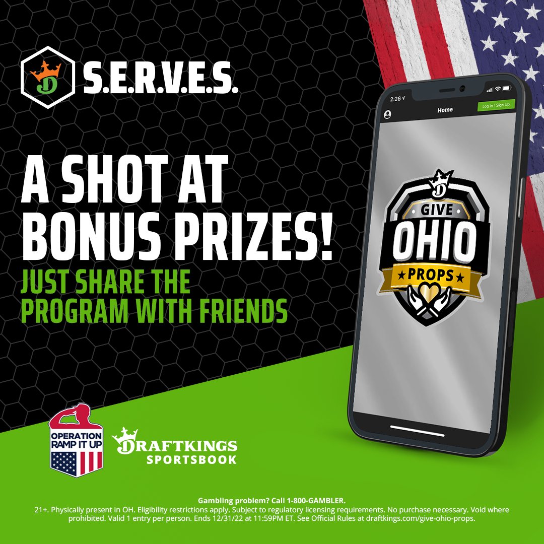 DraftKings Sportsbook (@dksportsbook) on Twitter photo Ohio, help us give props!
Sign up and $25 will be donated on your behalf to support local Ohio charity, <a href="/OperationRamp/">Operation Ramp It Up</a>. Share on social media with #GiveOhioProps for a shot at a bonus prize!
➡️ bit.ly/3WcaQDX Ohio, help us give props!
Sign up and $25 will be donated on your behalf to support local Ohio charity, <a href="/OperationRamp/">Operation Ramp It Up</a>. Share on social media with #GiveOhioProps for a shot at a bonus prize!
➡️ bit.ly/3WcaQDX