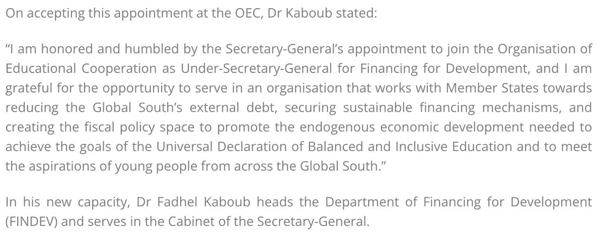 I am honored &amp; humbled by the Secretary-General’s appointment to join the Organisation of Educational Cooperation <a href="/OEC_OCE/">Organisation of Educational Cooperation - OEC</a> as Under-Secretary-General for Financing for Development.
Press release: 
En oec-oce.org/en/secretary-g…
Fr oec-oce.org/fr/secretary-g…
Es oec-oce.org/es/secretary-g…