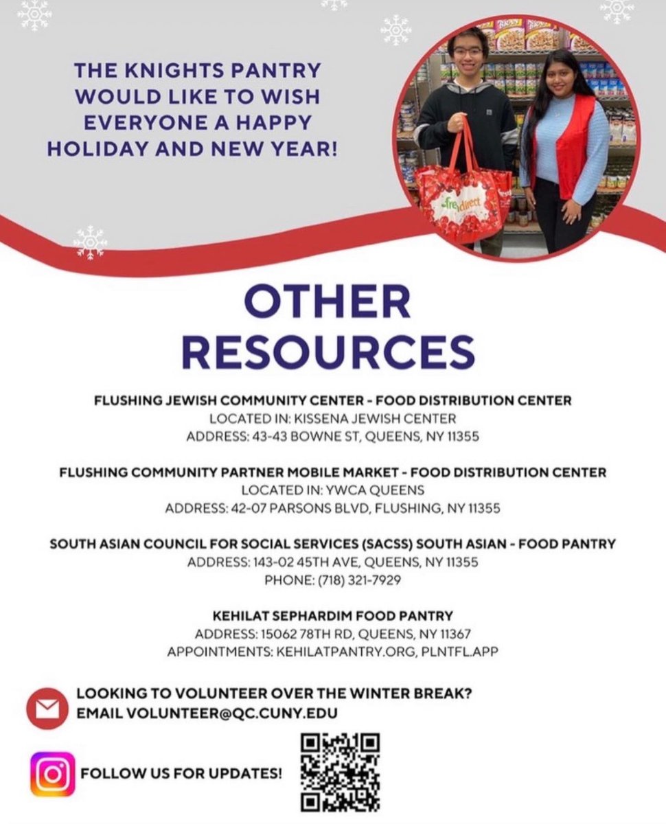 QCKnightsTable's tweet photo. Hello QC / CUNY Family!!
Happy Holidays!! 🙋🏻‍♀️
✨“Holiday Hours”✨
#QCKnightsTable #TurningTheTableOnHunger https://t.co/56dWqhBaWg