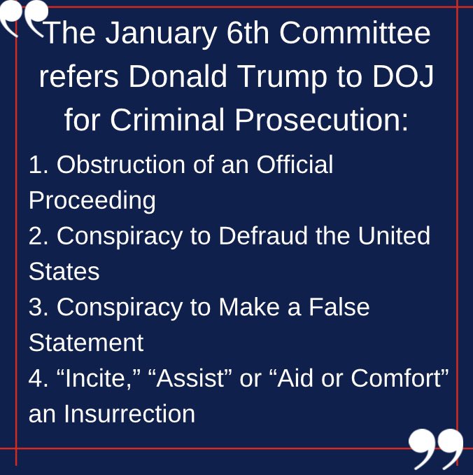 The January 6th Committee refers Donald Trump to DOJ for Criminal Prosecution.

The Constitution and democracy won today! 

#USA #truth