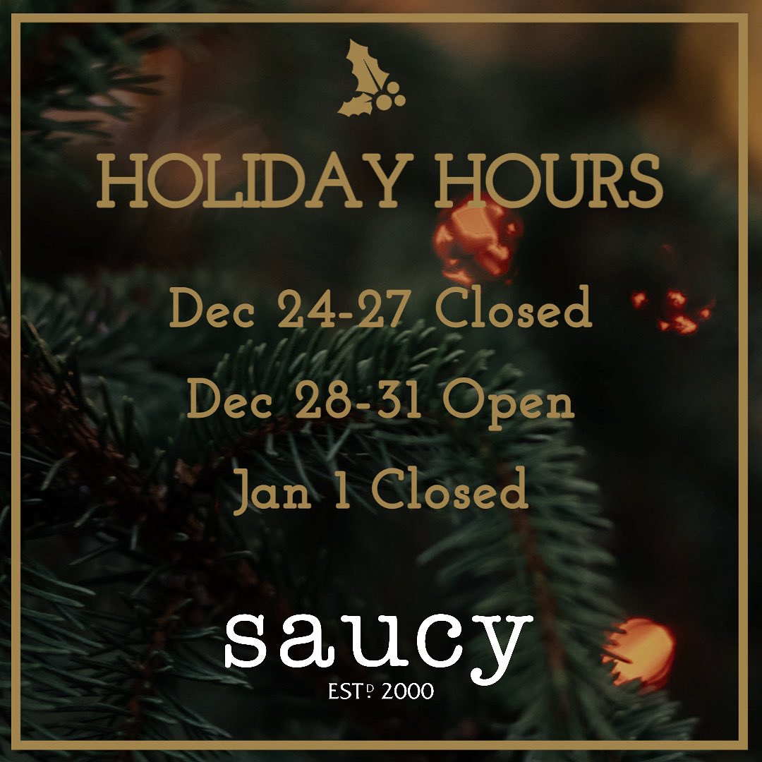 We’ve chosen to close on these days to give our staff time to be with their families.
Thank you
•
#saucy #saucyinstreetsville #madewithlove #madeincanada #lovefood #familyownedbusiness #newhours #eatlocal #menu #gratitude #holiday #christmas