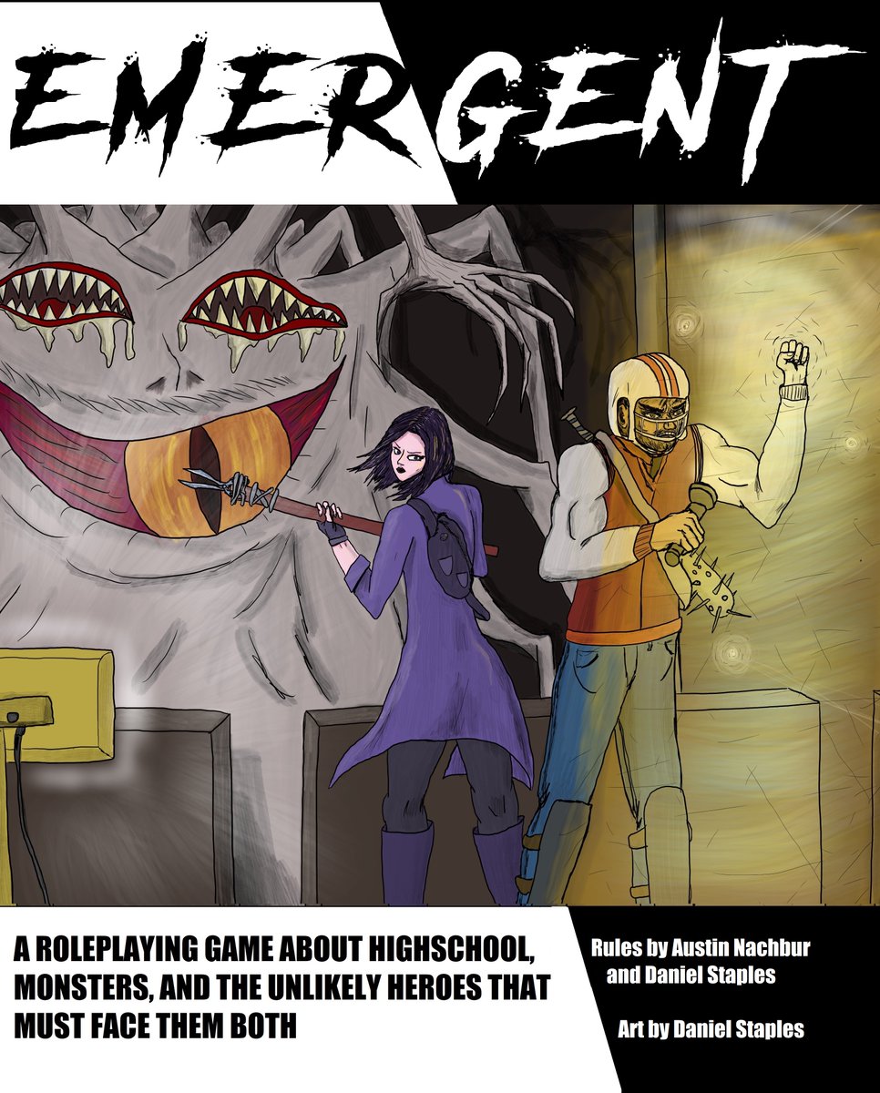 Austinnttrpg's tweet photo. Hello! I'm Austin. My friend @DStaplesArt and I have been working together for the past year and a half to design @Emergent_rpg, a tabletop rpg about the horrors of highschool, interdimensional monsters, and the heroes that must face them both! Read on for a brief overview: https://t.co/76rAgnEpwi
