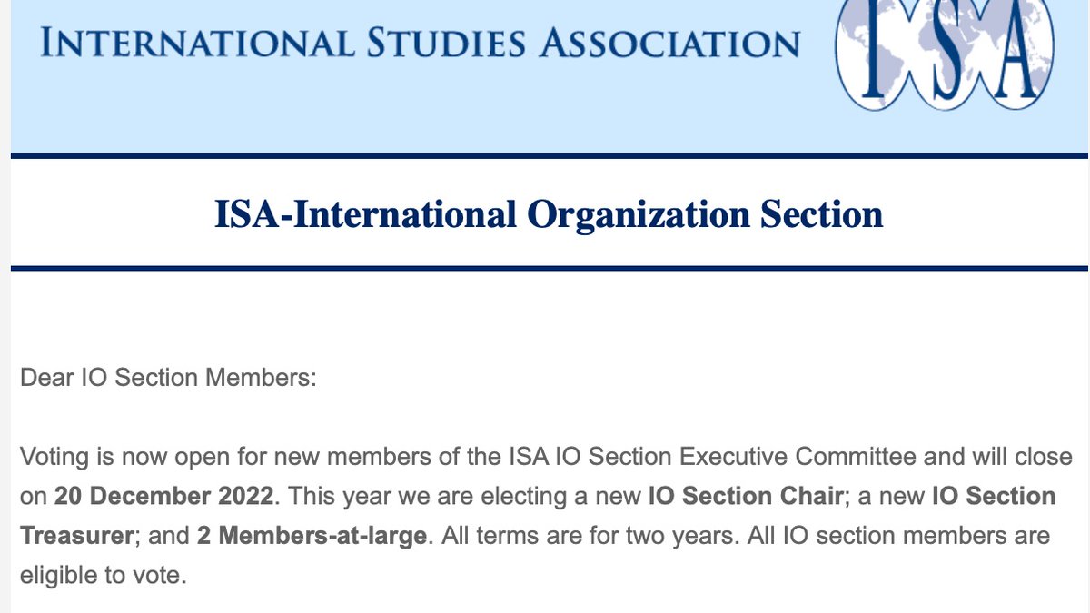 danaujoks's tweet photo. Dear fellow ISA International Organization Section members,
Please make sure to vote before polls close TOMORROW (Dec 2022). To vote, check the email you got from ISA
@IO_Section_ISA #UNStudies #IO #InternationalOrganizations #IR https://t.co/TWXRMBtQww