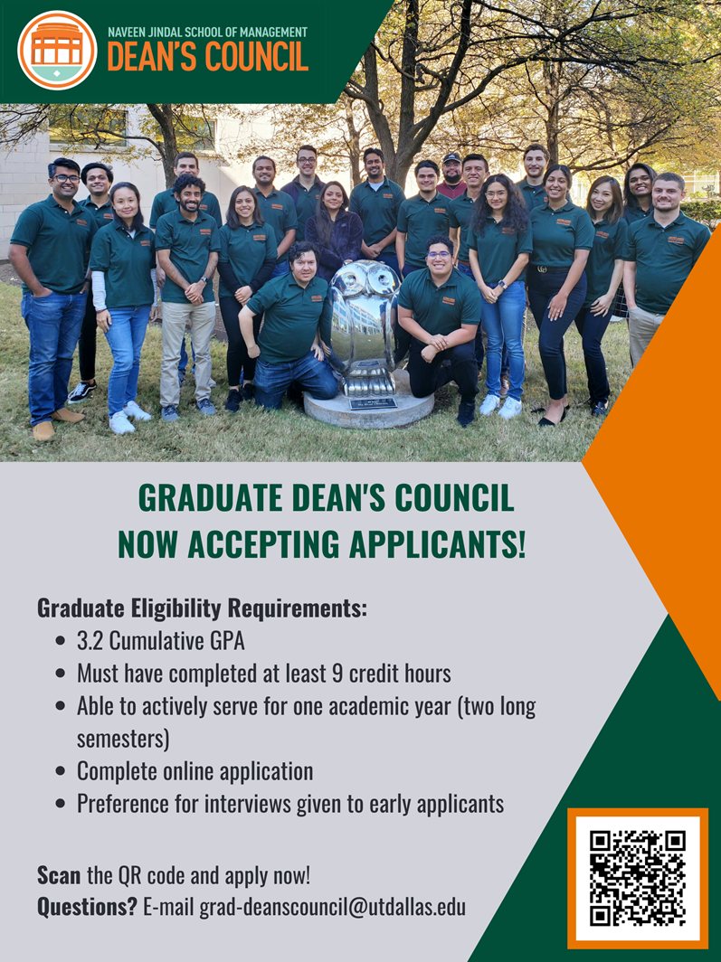 JSOMDeanCouncil's tweet image. The @jindal_utdallas Graduate Dean’s Council is accepting applications for Spring 2023. Application Deadline: January 15, 2023.

Visit jindal.utdallas.edu/student-resour… to apply.

Questions? E-mail grad-deanscouncil@utdallas.edu