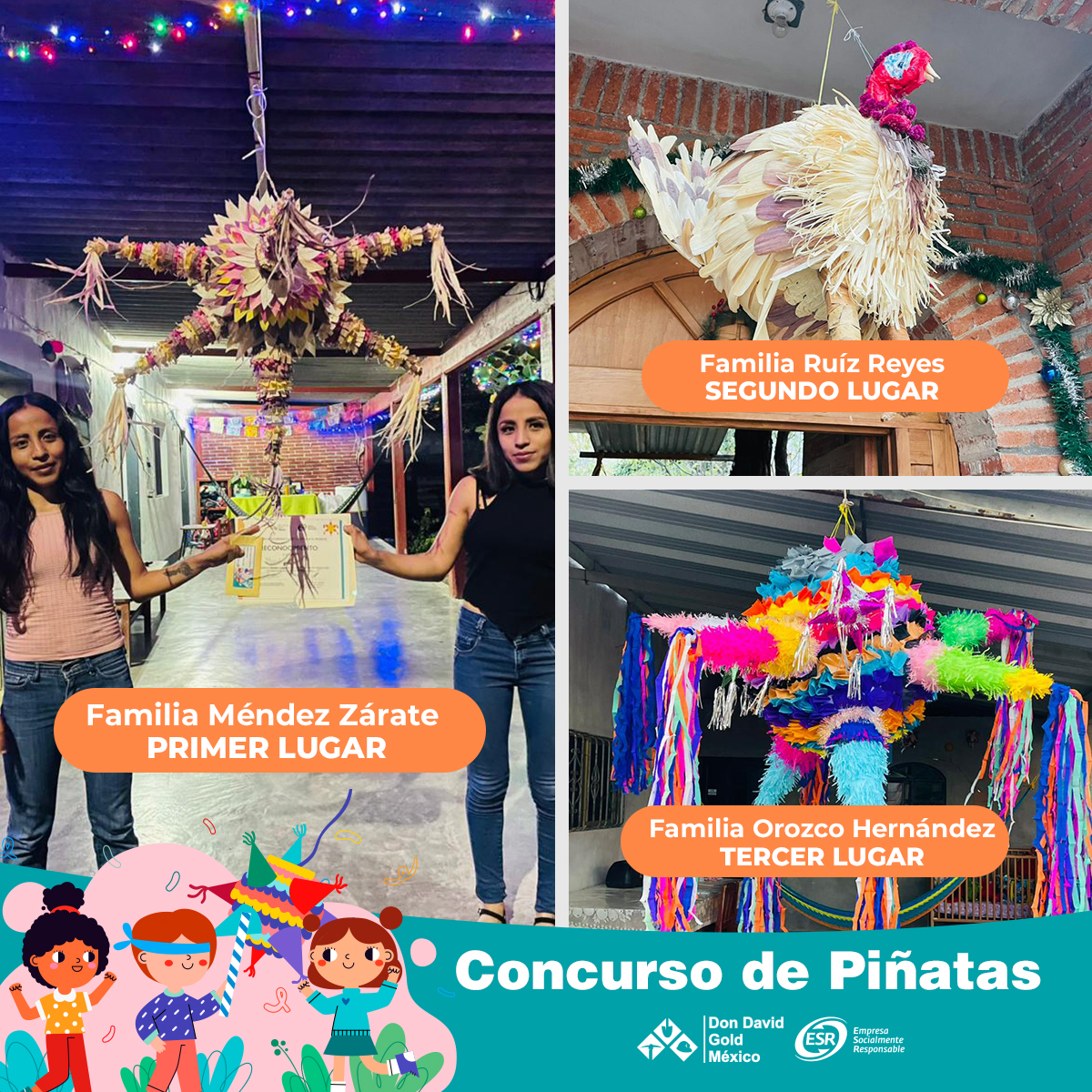 DonDavidGold's tweet photo. Así lucieron las creaciones de las familias ganadoras de nuestro concurso de piñatas 🪅. En Don David Gold México nos emociona la participación de la comunidad. Sin duda una bonita actividad, llena de colores y tradición. 

#DDGM https://t.co/FEMGZCHl1E