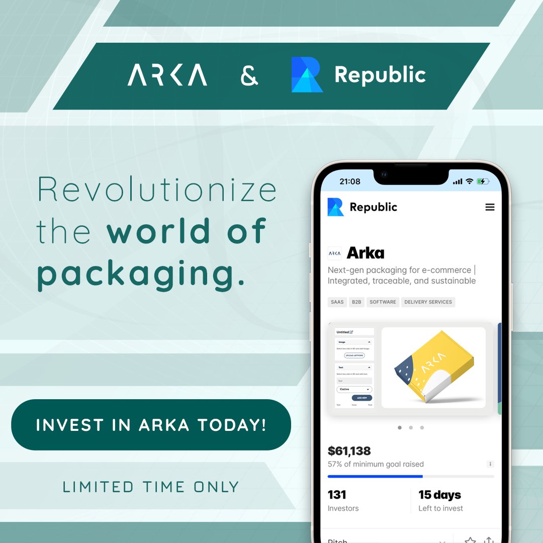 Live on Republic! 📣Arka is next-gen packaging for unique brands. Join #Arka in revolutionizing the world of packaging to inspire memorable unboxing experiences and never run out of packaging again. republic.com/arka

#investor #packagingsolutions #startupstories