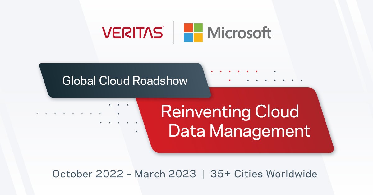 We're halfway through the Veritas and Microsoft Global Cloud Roadshow! Don't miss out on your opportunity to join experts from our technical and leadership teams to gain exclusive cloud #DataManagement insights. Details: vrt.as/3pLPoXI