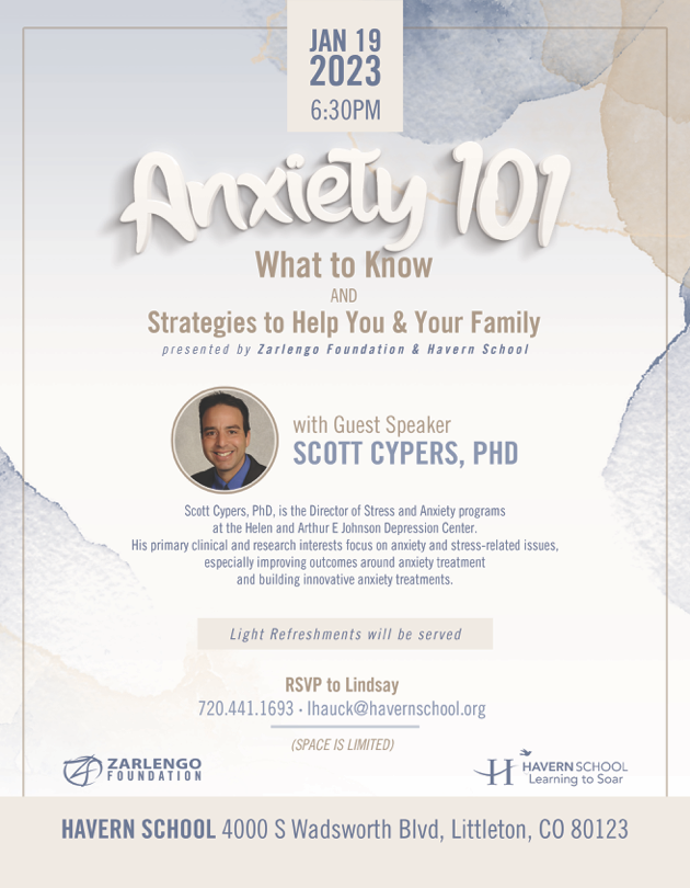HavernSchool's tweet photo. Studies show that students are experiencing anxiety at unprecedented levels. Join Havern School and the Zarlengo Foundation  for Anxiety 101: What to Know and Strategies to Help You &amp; Your Family on Thursday, January 19, at 6:30 p.m. RSVP to Lindsay at lhauck@havernschool.org. https://t.co/byL0Sqrevk