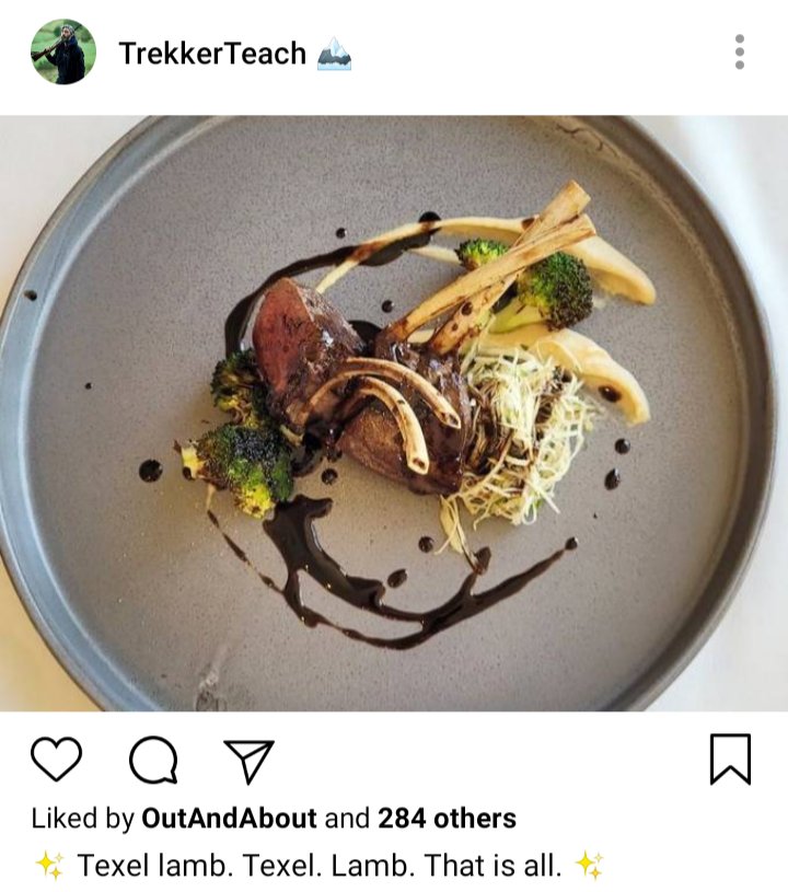 Ed's IG. Photo of fancy food, rack of lamb. Caption reads "Texel lamb. Texel. LAMB. that is all." 