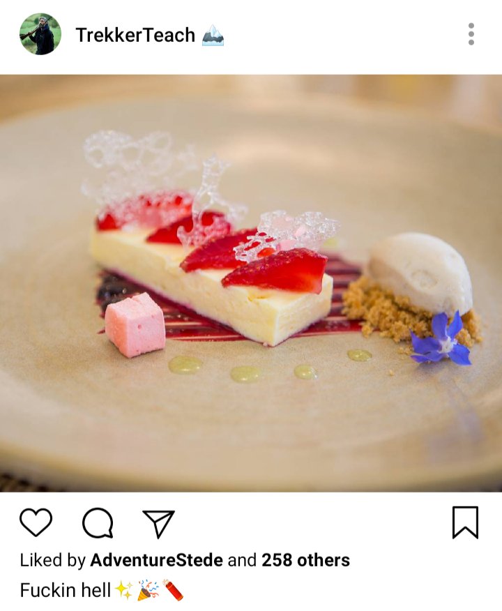 Ed's IG: photo of a fancy dessert. Caption reads "Fuckin hell" 