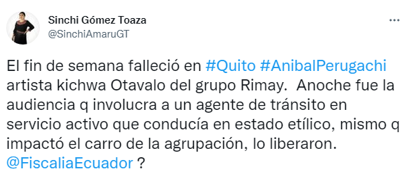 radio_pichincha's tweet photo. 🔴#ATENCIÓN | El fin de semana falleció en un accidente de tránsito #AnibalPerugachi, artista del grupo #Rimay, en #Quito. El principal implicado por el deceso habría sido un agente de tránsito en servicio activo que conducía en estado etílico. ⬇ https://t.co/Hi9Sa5vgtf