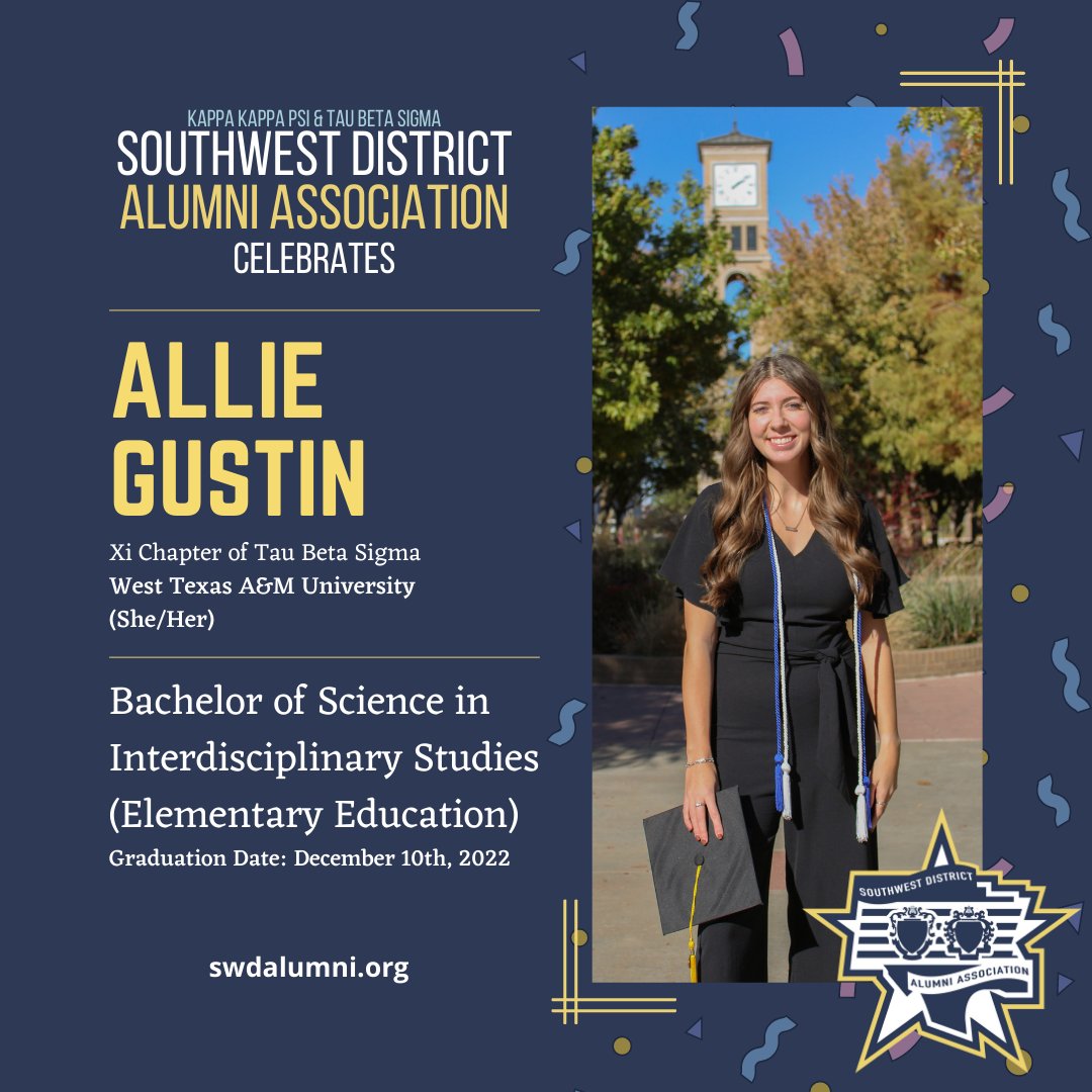SWDAlumni's tweet photo. Please help us congratulate Southwest District Graduate, Allie Gustin!! Congrats on your graduation and best wishes for your next adventure! #SWDAA #SWDAlumni #TBSigmaAlumni https://t.co/8onZtaY4Fa