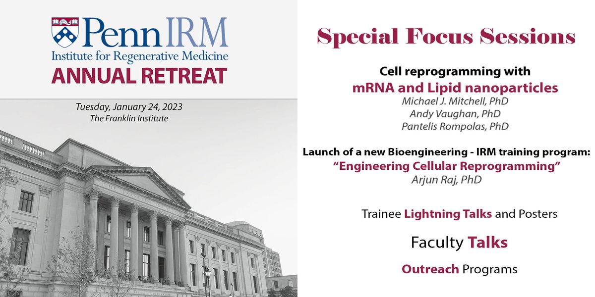 The Annual IRM Retreat is on January 24, 2023, from 12-5 PM at the Franklin Institute. Register NOW! bit.ly/3PE0fPG