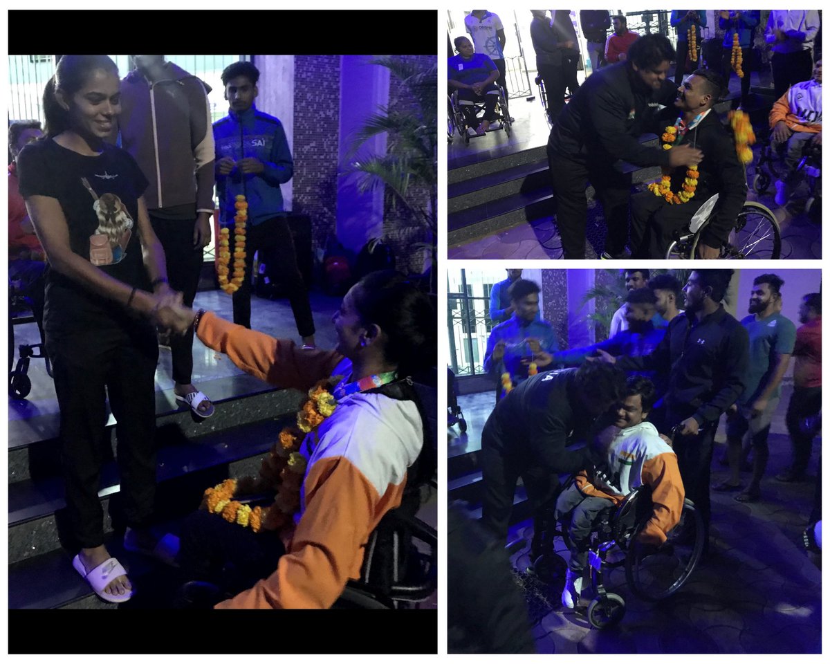 SAI_Gandhinagar's tweet photo. The Para Powerlifting Champions of NCOE Gandhinagar - Paramjeet, Manpreet and Manish were warmly welcomed by fellow Athletes and NCOE Staff on their return with medals 🏅 from Fazza World Cup in Dubai. 

@Media_SAI https://t.co/ETFXLzHN3s