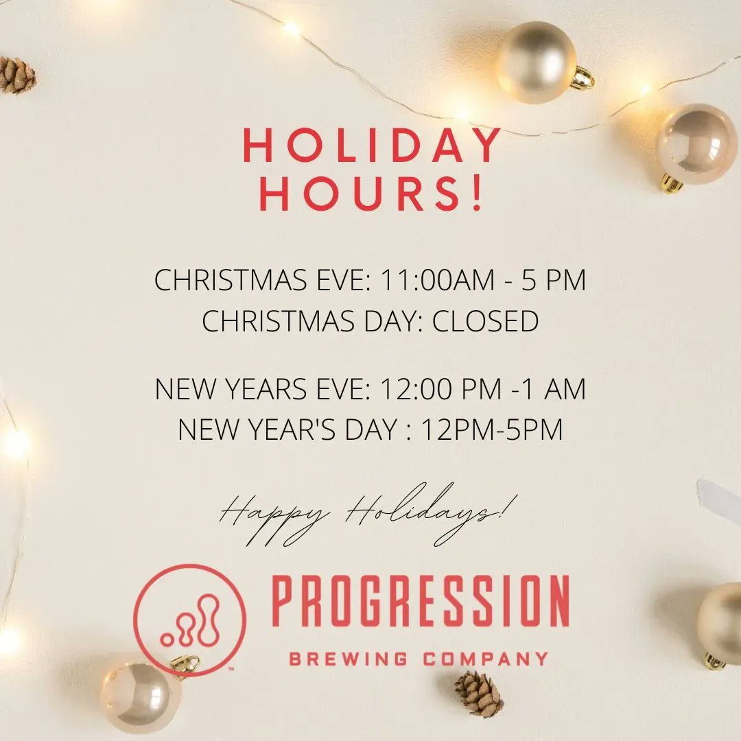 ProgBrewCo's tweet photo. 🌲🎁 🎅   HOLIDAY HOURS for the rest of the year!
Friday, Christmas Eve: 11am - 5pm
Saturday, Christmas: Closed

Saturday, New Years Eve: 12pm-1am, feat DJ Cashman and Snack Attack with their All Vinyl Soul, Motown, Funk Dance Party from 9pm-1am!
Sunday, New Years Day: 12pm-5pm https://t.co/FEgEn4MmKE