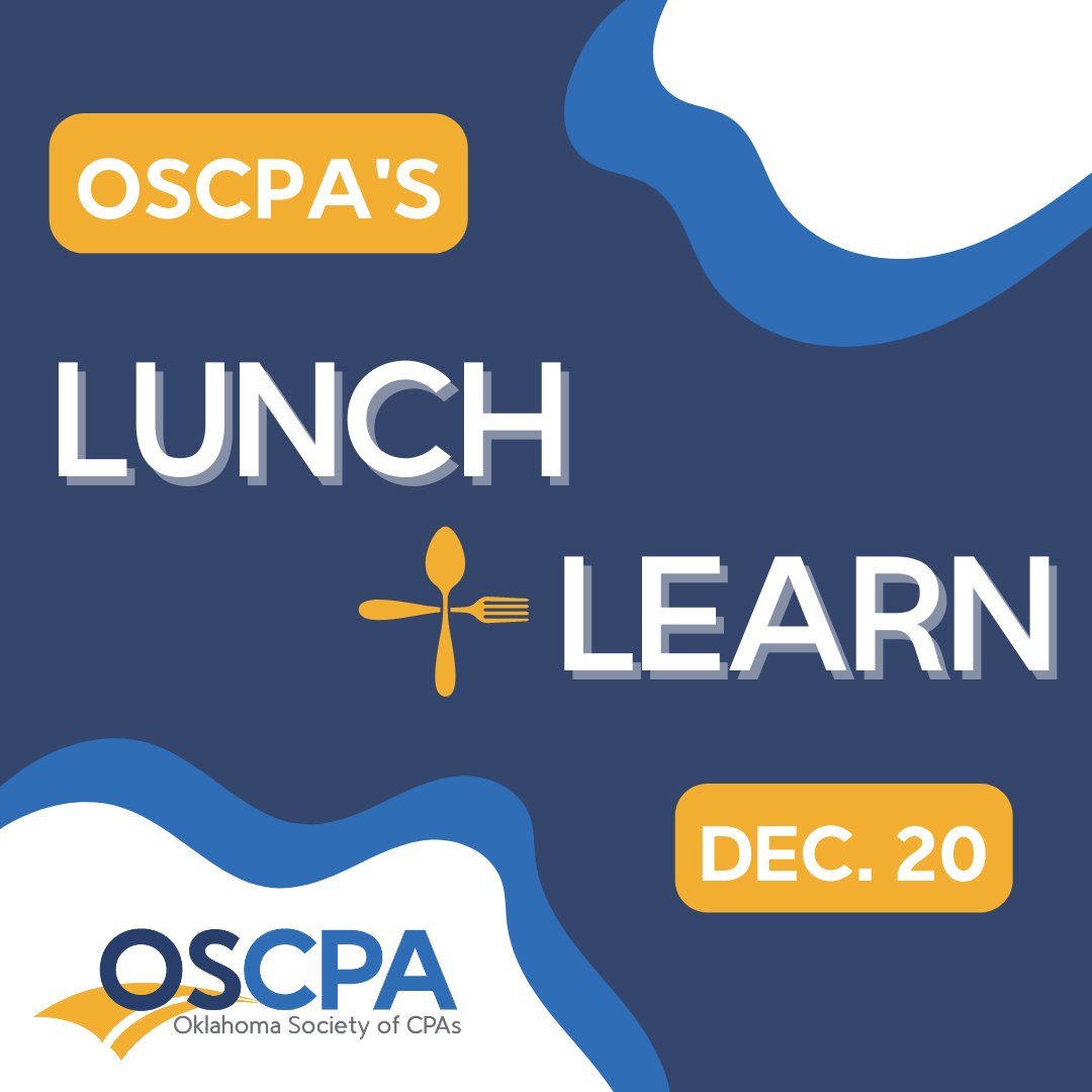 OklahomaCPAs's tweet image. Tomorrow is the December Lunch + Learn! Join Fellow Member Brent Watson, CPA, as he presents part two of his presentation designed to provide CPAs with a general level of sales tax knowledge. #OSCPA #FreeForMembers #CPE. zcu.io/5oBo