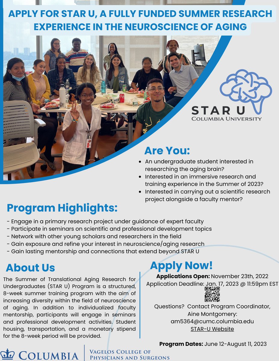 Fully funded (@NIHAging @alzassociation) summer research experience for undergraduates @Columbia. Please RT!