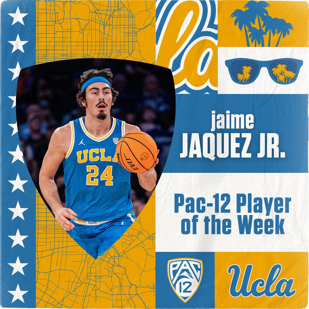 UCLA’s Jaime Jaquez Jr. (<a href="/jaquez_jr/">Jaime Jaquez Jr</a>) has been recognized as the <a href="/pac12/">Pac-12 Conference</a> Player of the Week after having averaged 16.5 points, 9.5 rebounds and 4.0 steals in two wins last week.
 
🏀🗒️: ucla.in/3V8QIS2