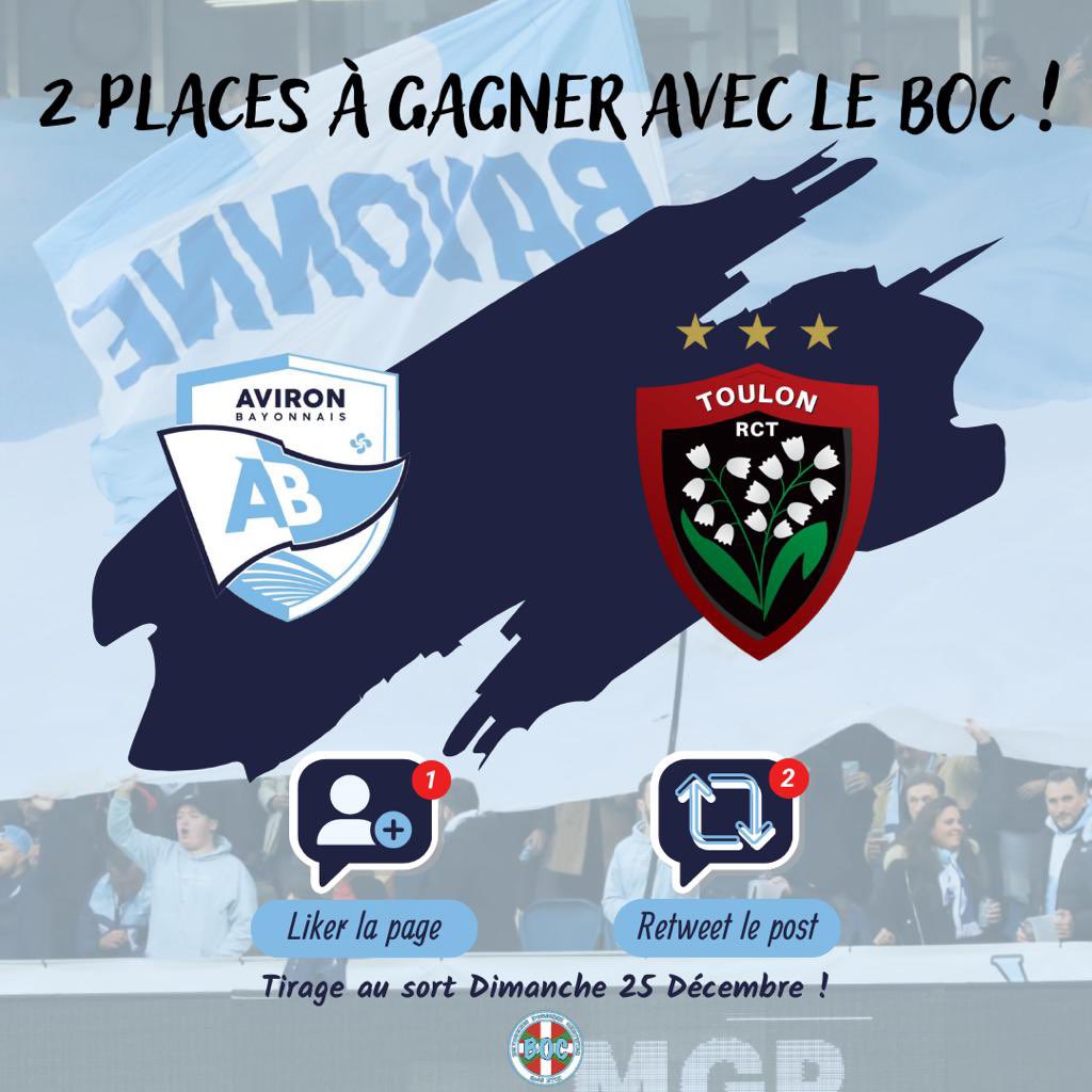 assoboc's tweet image. 📍 JEU CONCOURS 📍

🎁 Pour Noël le BOC vous offre 2 places en tribune Europcar pour le match contre le Rugby Club Toulonnais, pour ça rien de plus simple !

- Like @assoboc ♥️
- RT  🔁

Tirage au sort le 25 Décembre 🎄

Bonne chance à tous ☘️