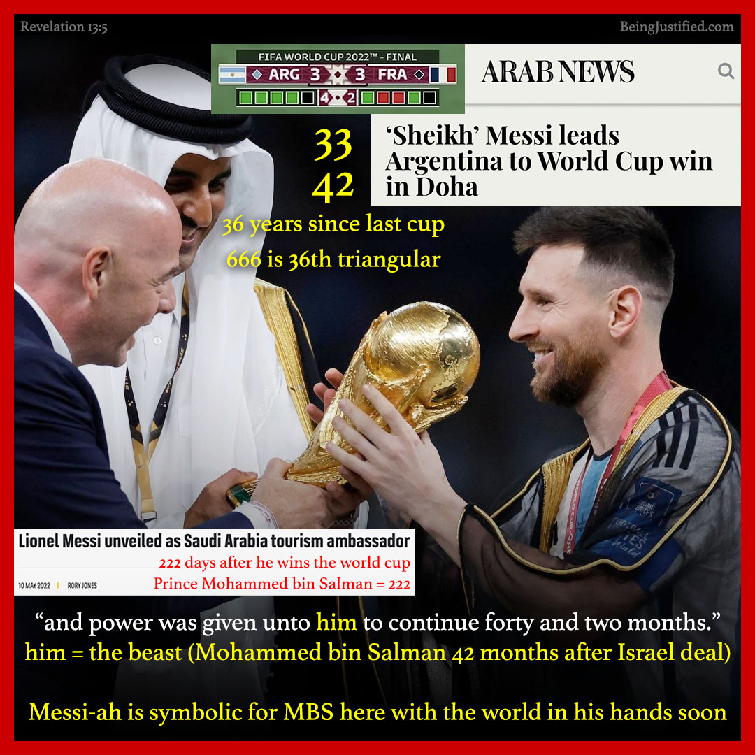 BeingJustified's tweet photo. The symbolism is overt with #SheikhMessi who represents the beast #MBS with the #Bisht & comes from the land of the #jesuit #pope with the colors of #Israel. This comes 1 day after the argentine pope's bday & 222 days after #Messi became #Saudi tourism ambassador. #Qatar2022 https://t.co/hY2AS00zpL