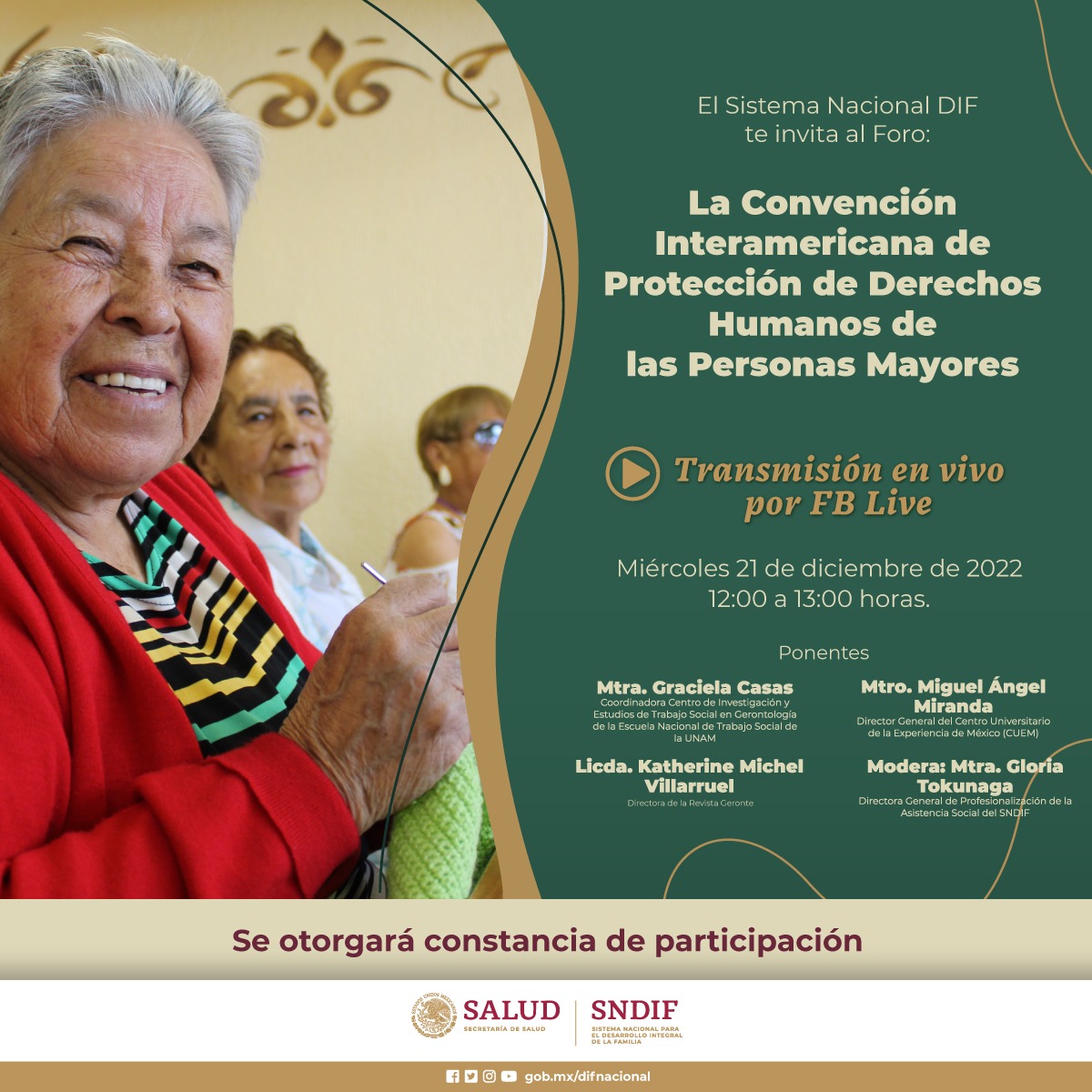 DIF_NMX's tweet photo. El #SNDIF te invita al Foro: "La Convención Interamericana de Protección de Derechos Humanos de las #PersonasMayores".👵🧓

La garantía de sus DDHH contribuye a su plena inclusión, integración y participación en la sociedad.

🗓Miércoles 21 de diciembre
⏰12h a 13h
¡Por #FBLive! https://t.co/dsKGKC23Dg