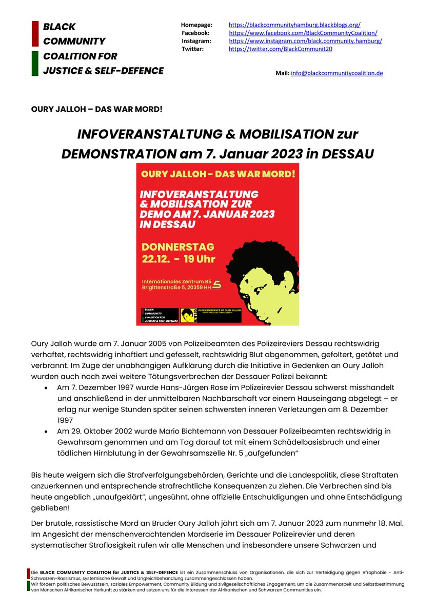 BlackCommunit20's tweet photo. #OuryJalloh – #DASwarMORD!
INFOVERANSTALTUNG & #MOBILISATION zur DEMONSTRATION am 7. Januar 2023 in DESSAU
gemeinsam mit @OuryJalloh
22.12.22 - 19h
#InternationalesZentrum_B5
#TouchONE-#TouchALL
Mehr Infos:👉🏿https://t.co/zTHosUCFgD
Alle Infos:
👉🏿https://t.co/8DoEXSmjIk https://t.co/LHdPiCqfdc