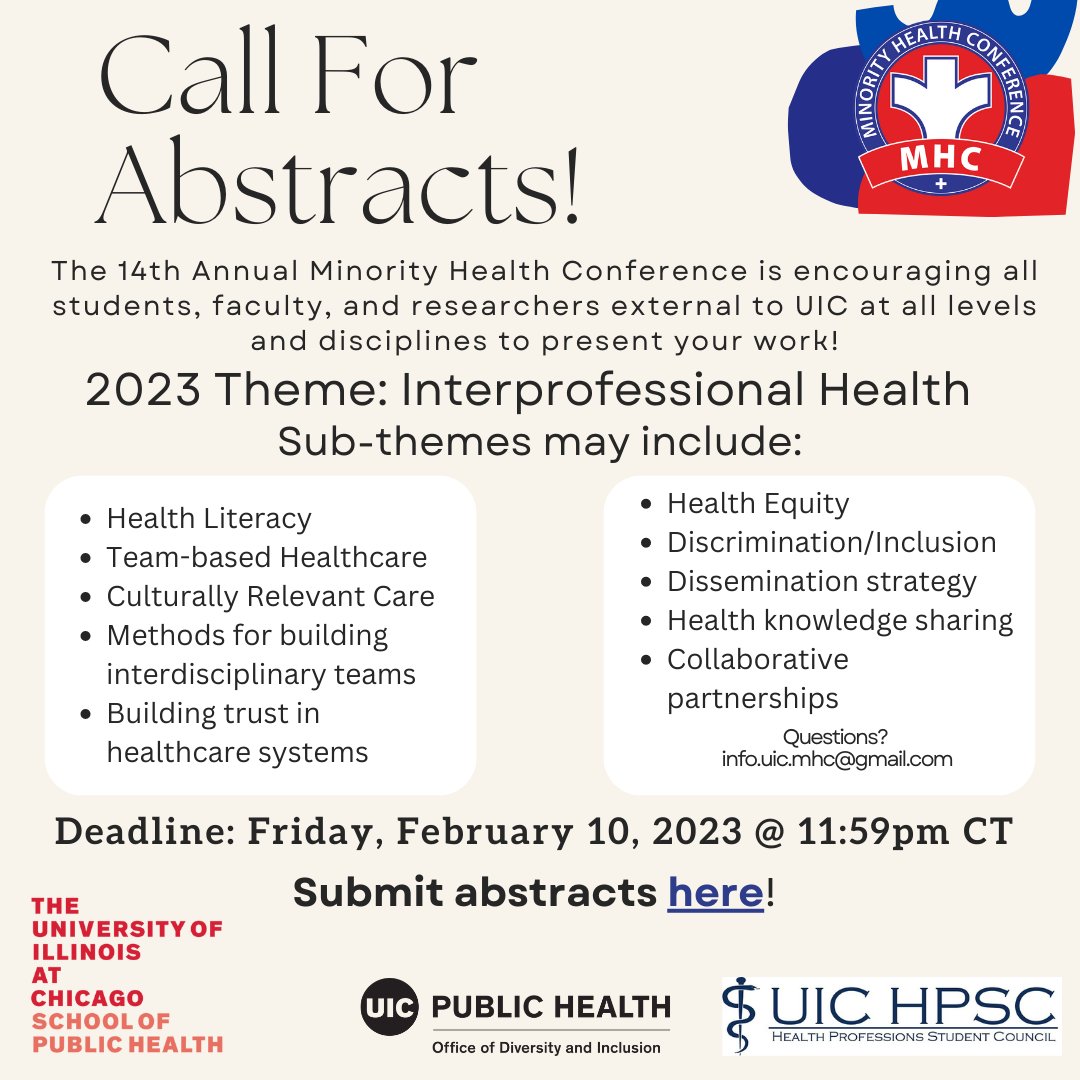UIC_MHC's tweet photo. The 2023 MHC is now accepting Abstract Submissions that relate to this year's theme!!! Do you have research that you would like to share with the MHC community? Apply here: https://t.co/L2krKjil8L https://t.co/IOsp8o7ZNv