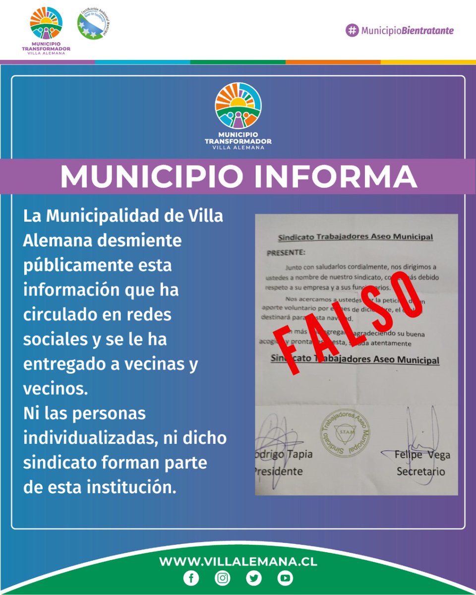 Munivillalemana's tweet photo. #MUNICIPIOINFORMA: La Ilustre Municipalidad de Villa Alemana aclara que el Sindicato Trabajadores Aseo Municipal no existe, desmentimos públicamente esta información. Ni las personas individualizadas, ni dicho Sindicato forman parte de esta institución. 
 #MunicipioTransformador https://t.co/XXFmeZ2pCK