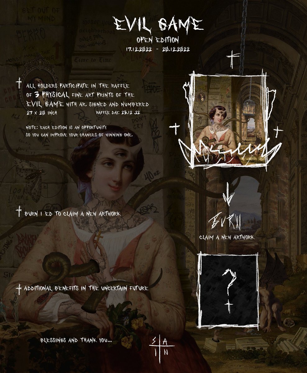 SaintMG1's tweet photo. LAST 24 HOURS! 🚨 🌹Open Edition!

𝕰𝖛𝖎𝖑 𝕲𝖆𝖒𝖊 

✟ 3 signed physical pieces with AR in play
✟ Burn 1 Ed to obtain a new Artwork
✟ Addditionnal benefits in the unceraint future 

Manifold Link:
https://t.co/VUEIKsTg5l

Let's play The Game 😈🔥 https://t.co/vRuhrGulyG