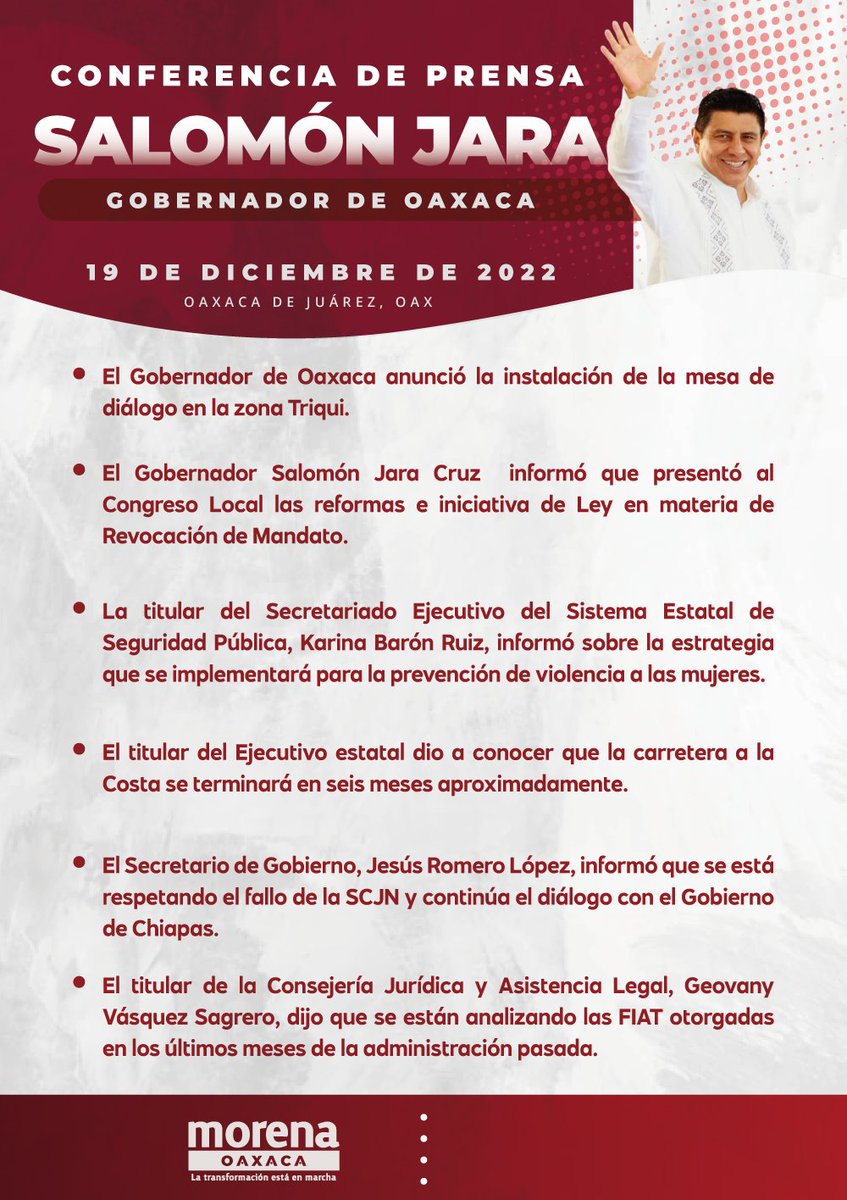 ShabinJara's tweet photo. Amigas y amigos les comparto algunos de los temas que abordó nuestro gobernador @salomonj en la Conferencia del 19 de diciembre. 

#ConferenciaGobernador

La #CuartaTransformación avanza en #Oaxaca https://t.co/o2CU0es2PI