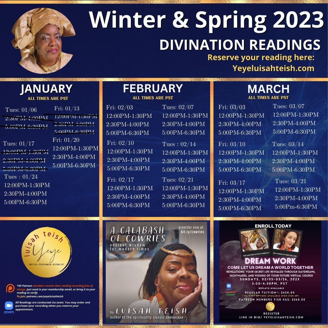 LuisahTeish's tweet photo. READINGS ARE NOW OPEN AND UP ON THE WEBSITE!!
Alafia Good People!
The schedule for readings is now on my website at https://t.co/nfTXlK2cDD.
SCHEDULE your new year reading today!!!
Ase,
Yeye Teish
https://t.co/tbMIy8t1E7
#holidaygifts #luisahteish #jambalaya #magic #folklore https://t.co/fxh2cUUuqI