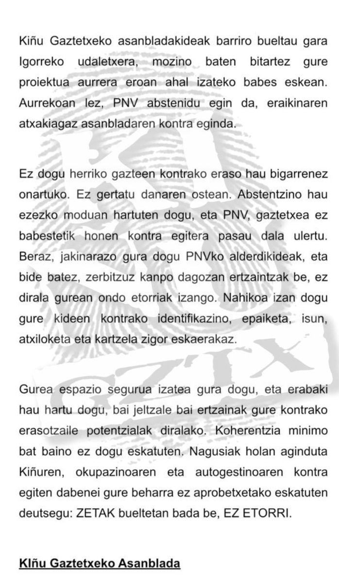⚠️ KOMUNIKATUA 👇

Nahikoa izan dogu gure kideen kontrako identifikazio, epaiketa, isun, atxiloketa eta zigor eskaerakaz. Ez zarie ondo etorriak.